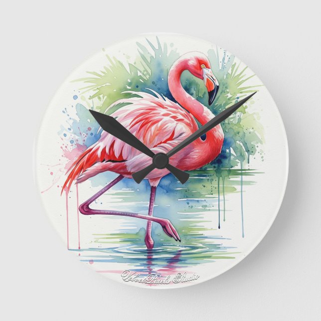 Horloge murale Flamant rose aquarelle (Recto)