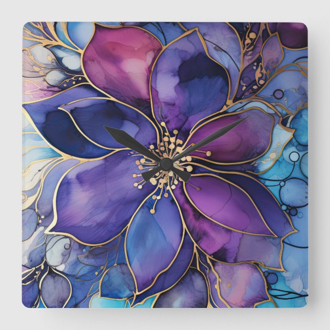 Horloge murale - Fleurs bleues violettes dorées (Recto)