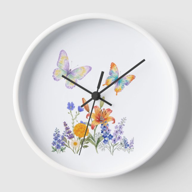 Horloge Murale Fleurs & Papillons – Décoration Élé (Recto)