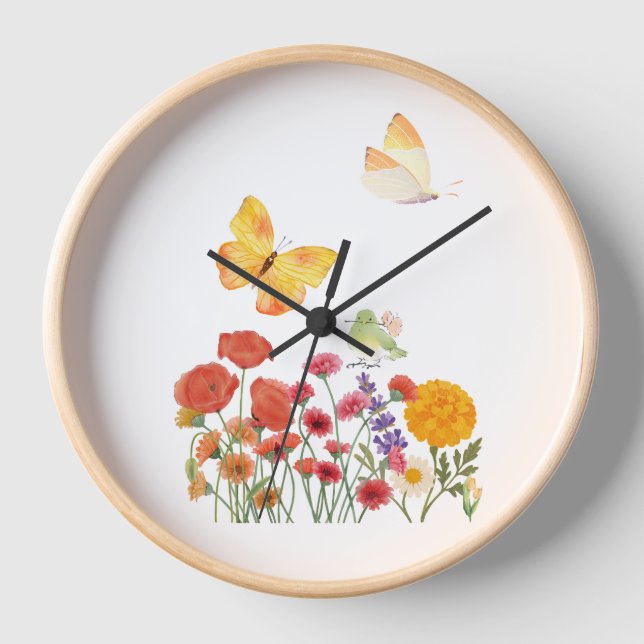 Horloge Murale Fleurs & Papillons – Décoration Élé (Recto)