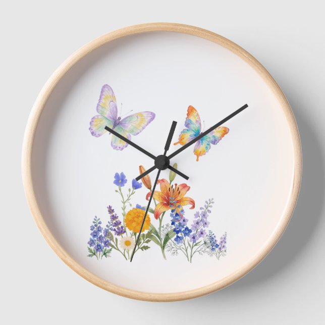 Horloge Murale Fleurs & Papillons – Décoration Élé (Recto)