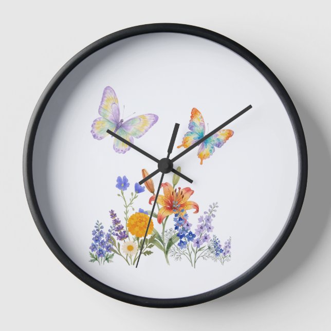Horloge Murale Fleurs & Papillons – Décoration Élé (Recto)