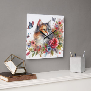 Horloge murale florale chat calico