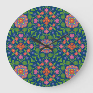 Horloge murale florale chic Rangoli bleu profond A