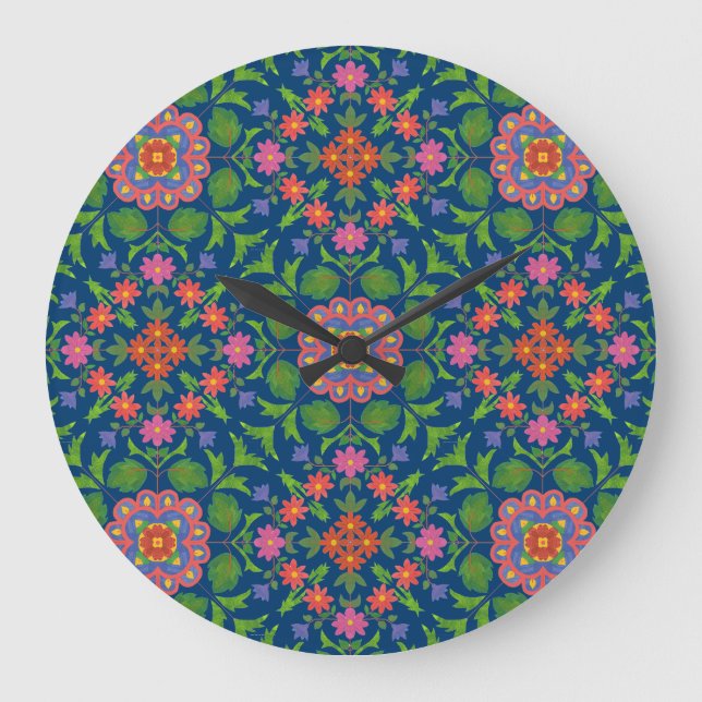 Horloge murale florale chic Rangoli bleu profond A (Recto)