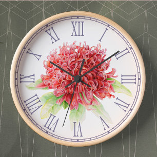 Horloge murale florale d'aquarelle rouge de