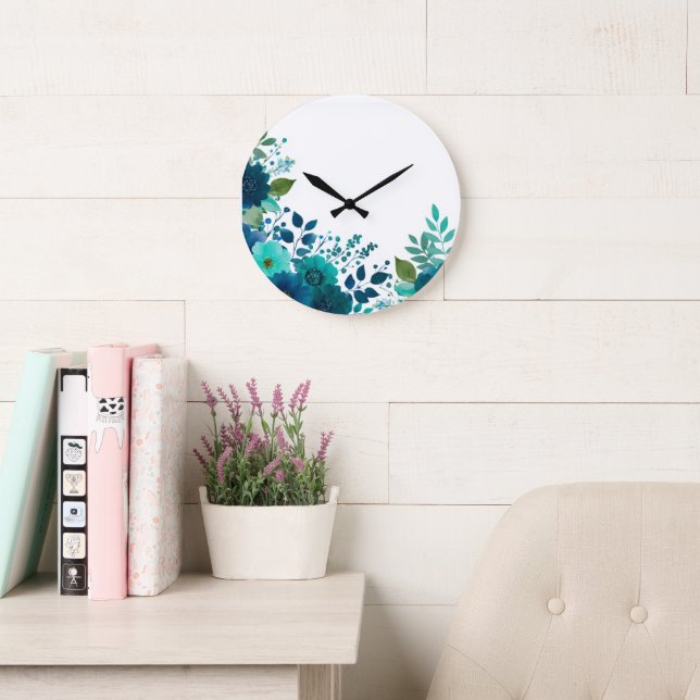 Horloge murale florale sarcelle aquarelle - Botani (Salle de lecture)