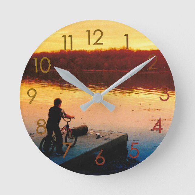 Horloge murale garçon à vélo au coucher du soleil (Recto)