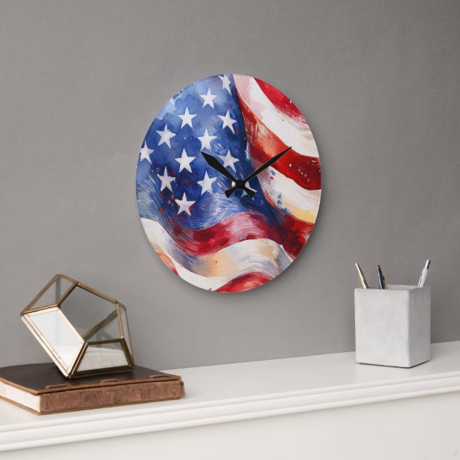 Horloge murale grand drapeau américain aquarelle (Bureau)