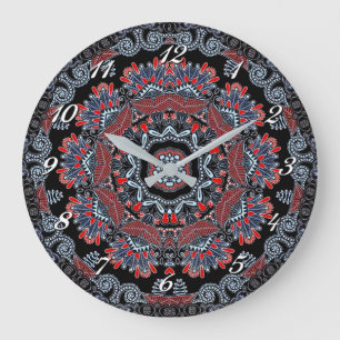 Horloge murale grise et rouge élégante de mandala