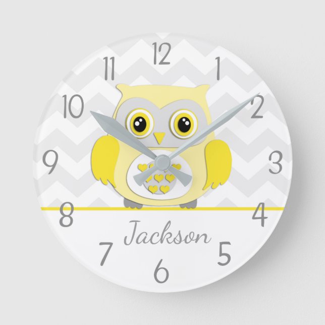 Horloge murale grise jaune de crèche de hibou (Recto)