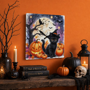 Horloge murale Halloween citrouilles et chats noir