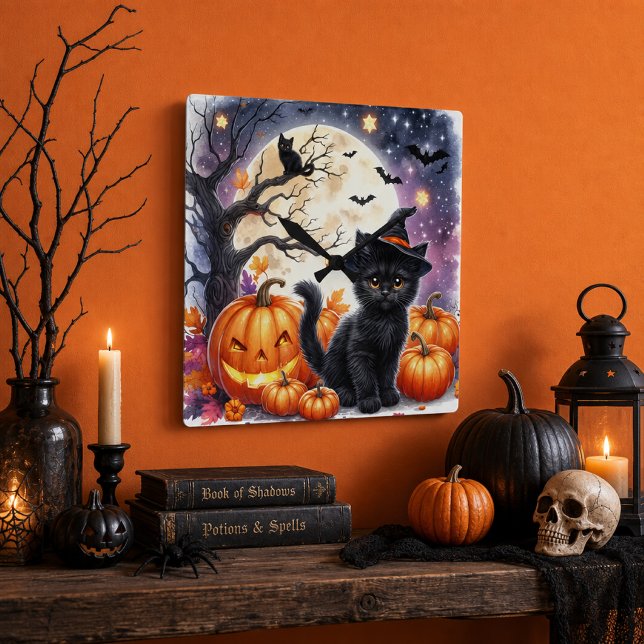 Horloge murale Halloween citrouilles et chats noir (Créateur téléchargé)