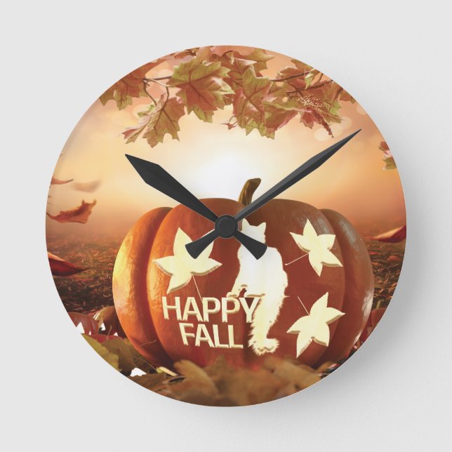 Horloge murale Happy Fall Pumpkin avec chat et feu (Recto)