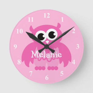 Horloge murale hibou rose avec prénom de bébé pour