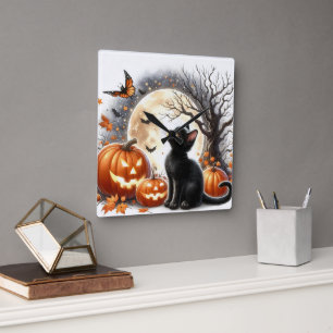 Horloge murale Jack O'Lantern et Chat noir Hallowe