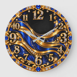 Horloge murale luxeuse bleue et dorée à motif de v