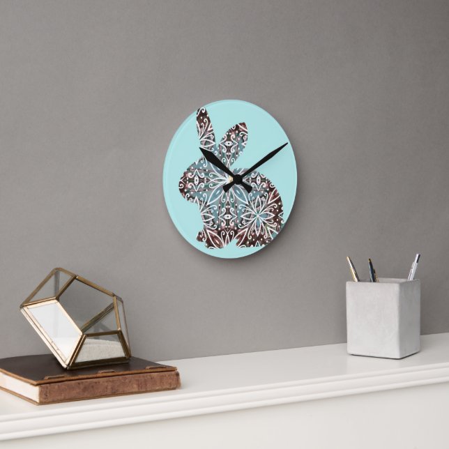 Horloge murale Mandala Lapin Chocolat et Bleus (Bureau)