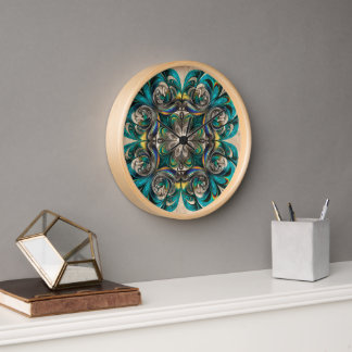 Horloge murale mandala sarcelle et or