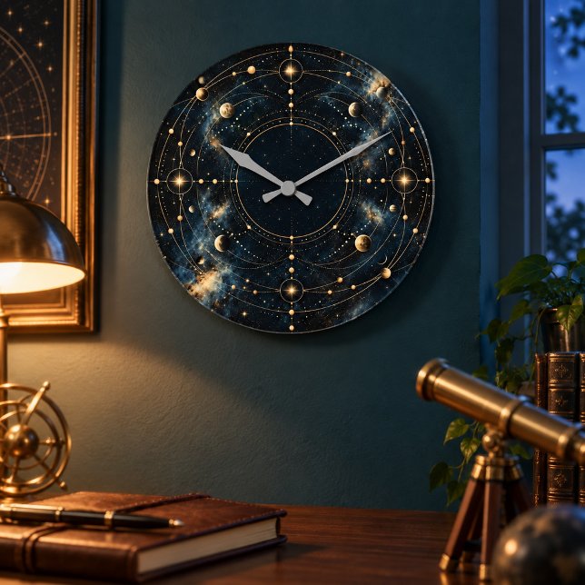 Horloge murale Meridian Sky (8-inch acrylic clock, grey hands. Flat printed gold-look art. Styled room; props not included.)