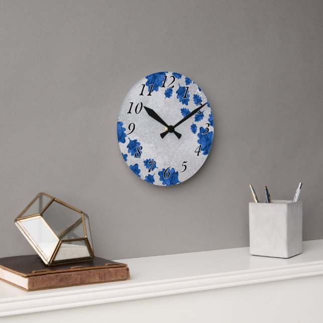 Horloge murale moderne, Feuilles bleus sur la text (Bureau)