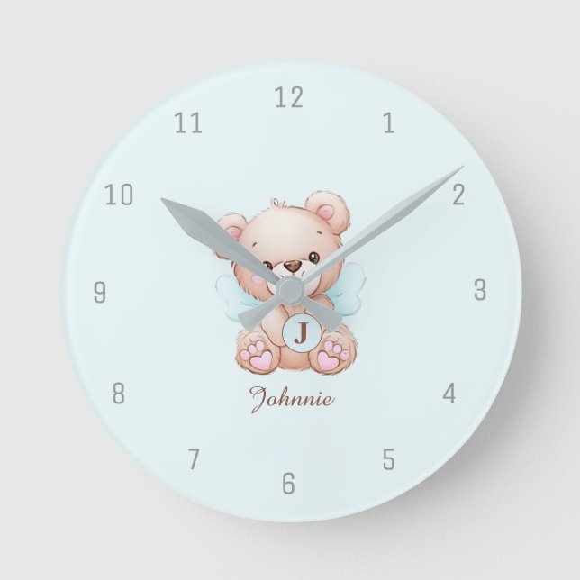 Horloge murale monogramme bébé bleu avec nom (Recto)