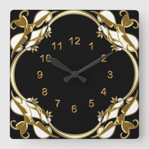 Horloge murale noir or blanc tourbillon floral