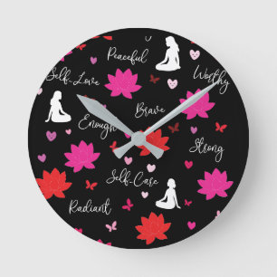Horloge murale noire Lotus Fleurs Affirmation Mots