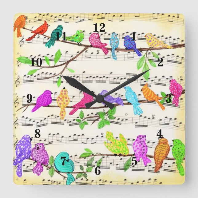 Horloge murale oiseaux musicaux colorés (Recto)