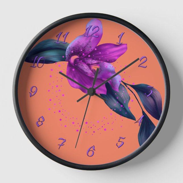 Horloge murale orange avec orchidée violette (Recto)