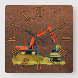 Horloge murale Orange Excavator et Jaune Truck
