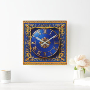 Horloge murale ornée bleu cobalt doré