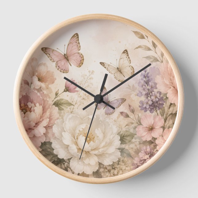 Horloge murale papillon et fleurs à l'aquarelle (Recto)