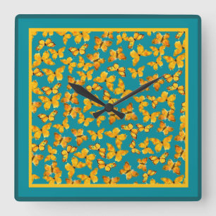 Horloge murale, Papillons dorés sur Turquoise