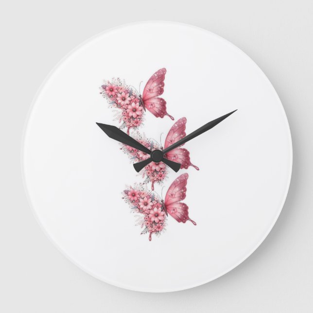 Horloge Murale Papillons Roses & Fleurs – Design F (Recto)