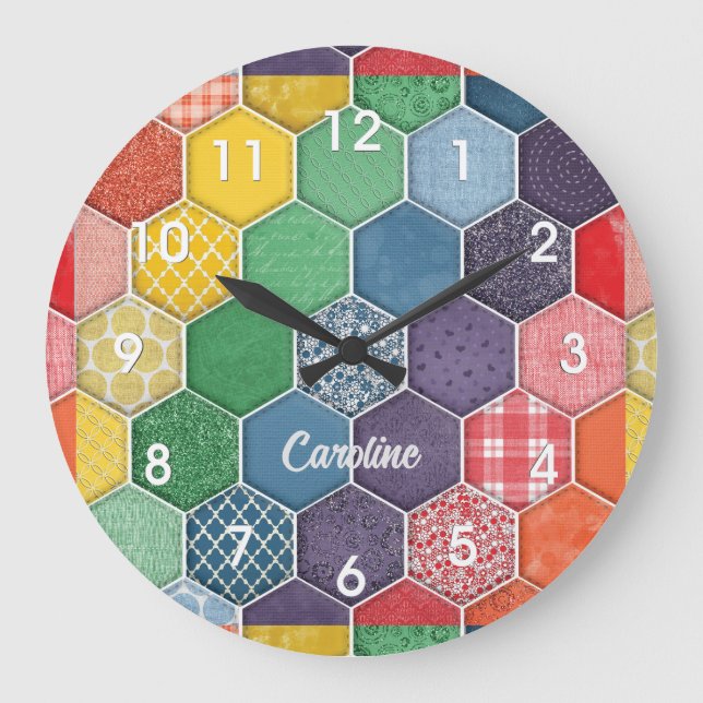 Horloge murale patchwork hexagonal coloré (Recto)