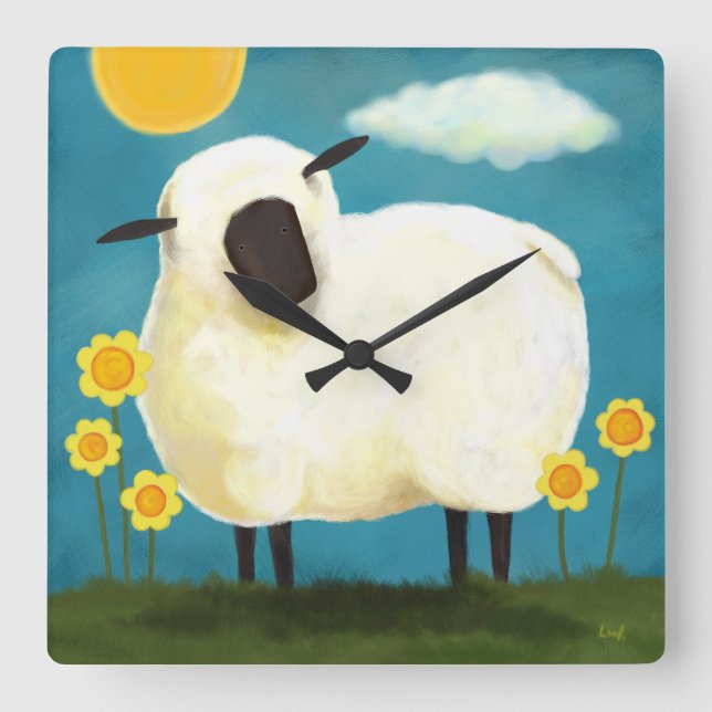 Horloge murale pelucheuse de moutons blancs et de (Recto)