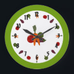 Horloge murale personnalisable avec légumes coloré<br><div class="desc">Parfait pour une cuisine, carottes aquarelles, tomates, aubergines et brocoli entourent le cadran de cette horloge murale joyeuse et décorative. Les mêmes légumes sont regroupés sur un arrière - plan blanc au centre de l'assiette. La couleur de bord peut être facilement customisée en changeant la couleur arrière - plan. D'après...</div>