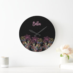 Horloge murale personnalisée Fleurs et Nuit étoilé