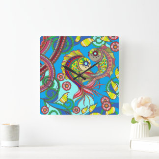 Horloge murale poissons et fleurs colorés