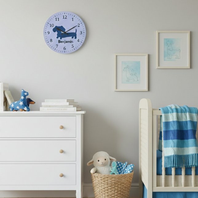 Horloge murale pour enfants teckel chien de Vienne (Boys room dachshund wall clock - blue tones)