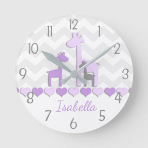 Horloge murale pour nurserie girafe grise violette
