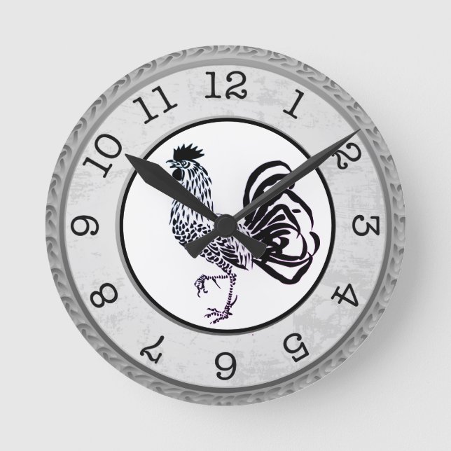 Horloge murale ronde Coq noir de style campagnard (Recto)