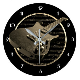 Horloge murale ronde de guitare électrique d'or
