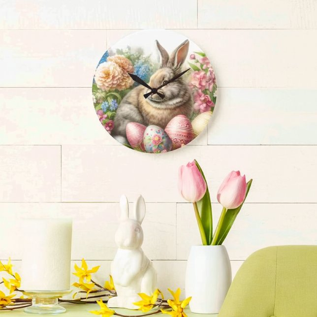 Horloge murale ronde de Pâques vintage lapin (Vintage Easter-themed wall clock featuring a rabbit and colorful eggs.)