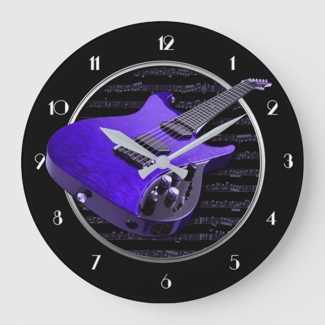 Horloge murale ronde guitare électrique violette (Recto)