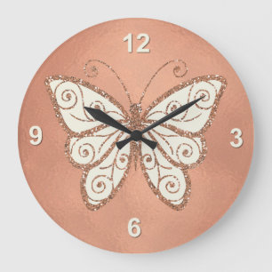 Horloge murale Rose élégante en or papillon