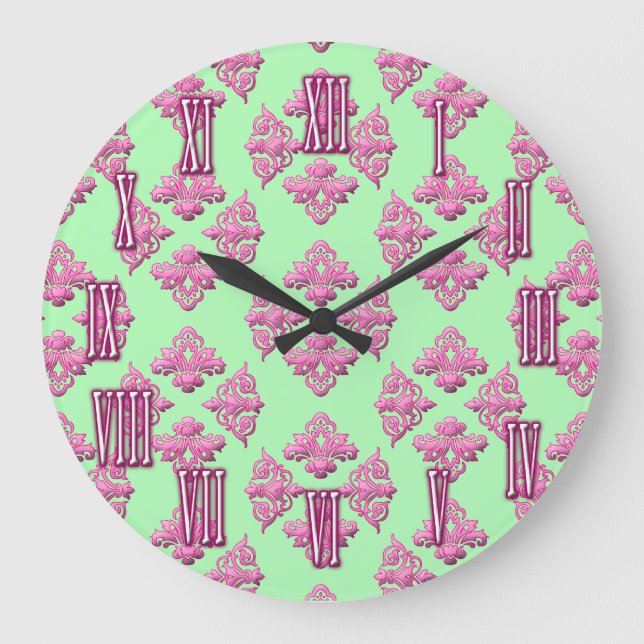Horloge murale rose et vert Damas (Recto)