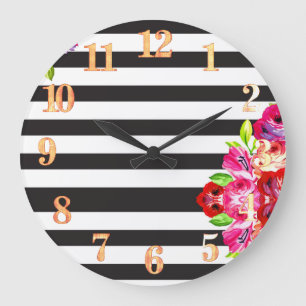 Horloge murale rose florale noire et blanche