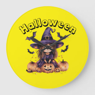 Horloge murale sorcière et Citrouille d'Halloween